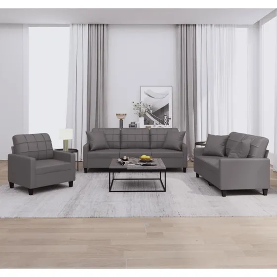 Sofasæt 3 dele i gråt kunstlæder med puder
