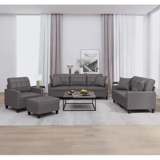 Sofasæt 4 dele i gråt kunstlæder med puder