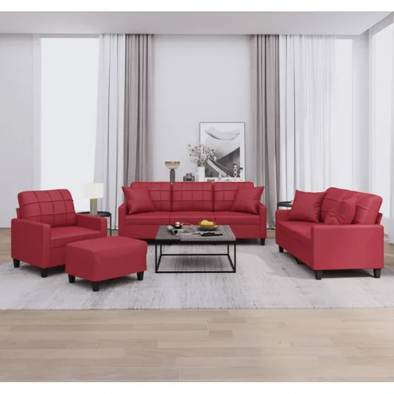 Sofasæt 4 dele i vinrød kunstlæder med puder