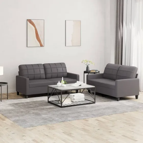 Sofasæt 2 dele i kunstlæder – grå med hynder