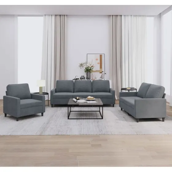 3-personers velour sofasæt med hynder - mørkegrå
