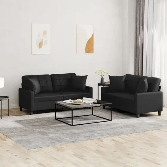 Sofasæt 2-dele i sort kunstlæder med puder