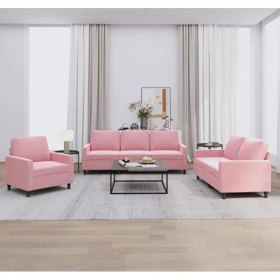 3-dele sofasæt i lyserød velour med hynder
