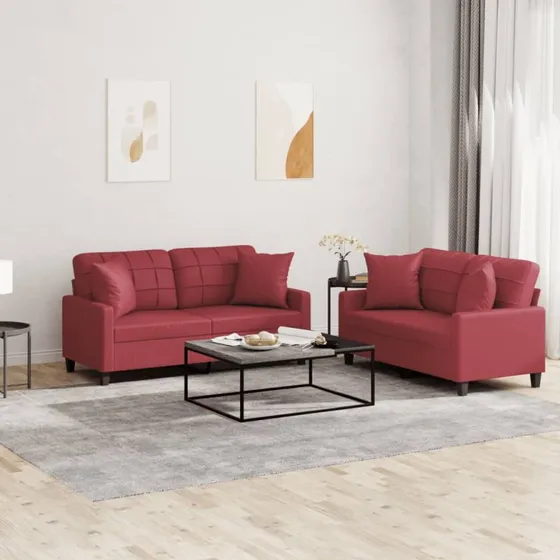 Sofasæt 2 dele i vinrød kunstlæder med puder