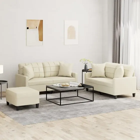 3-personers sofasæt i creme kunstlæder med puder