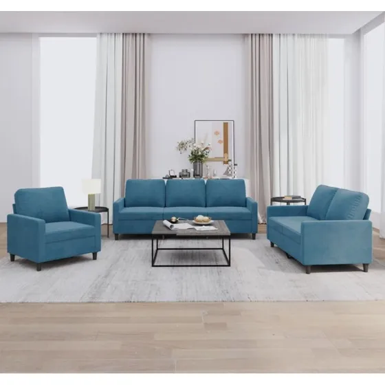 Sofasæt 3 dele blå velour med hynder