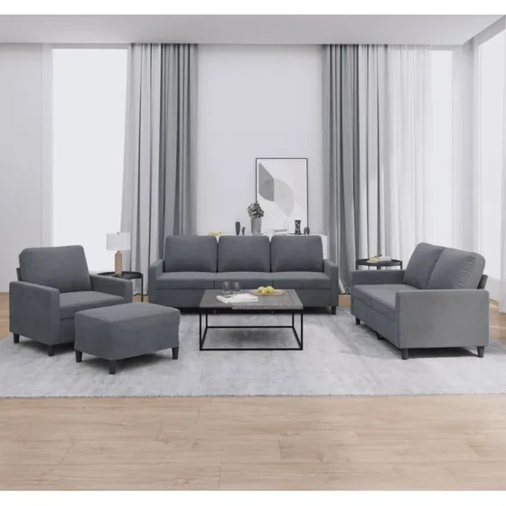 4-dele sofasæt i mørkegrå velour med hynder