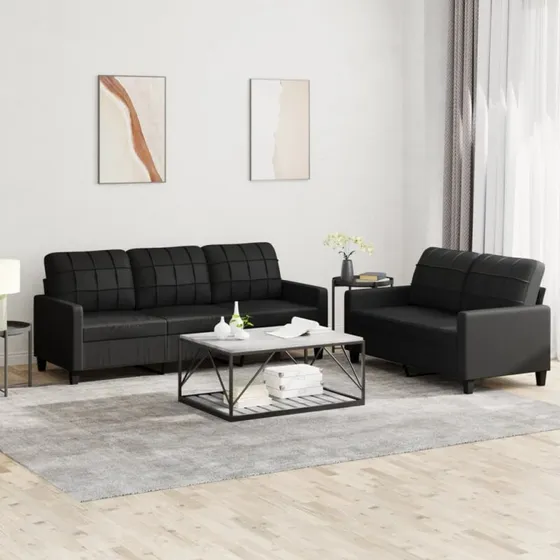 Sofasæt 2 dele i sort kunstlæder med hynder