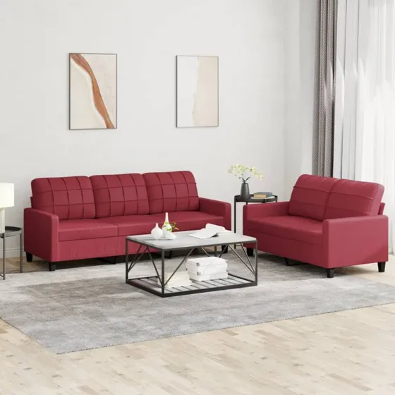 Sofasæt 2 dele i vinrød kunstlæder med hynder