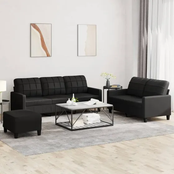 Sofasæt 3 dele i sort kunstlæder med hynder