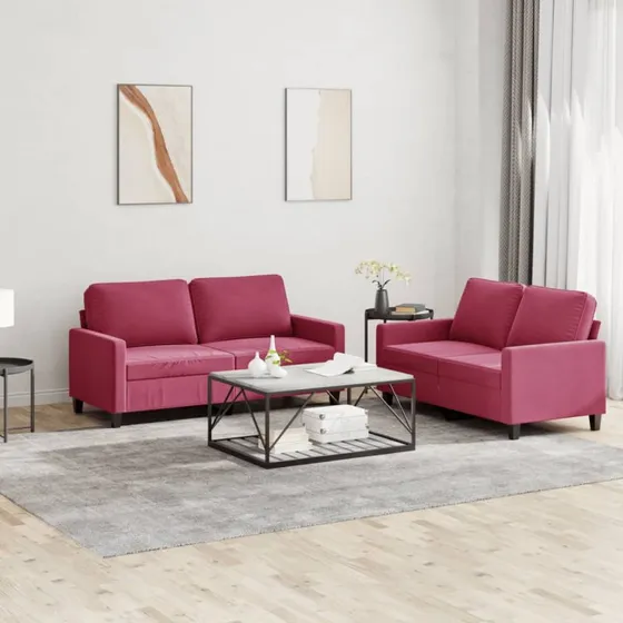 Velour sofasæt 2 dele med hynder – vinrød