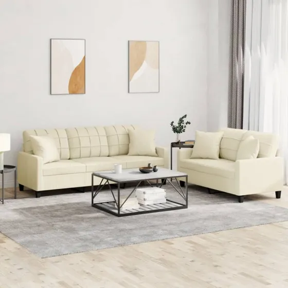 Sofasæt 2 dele i creme kunstlæder med puder
