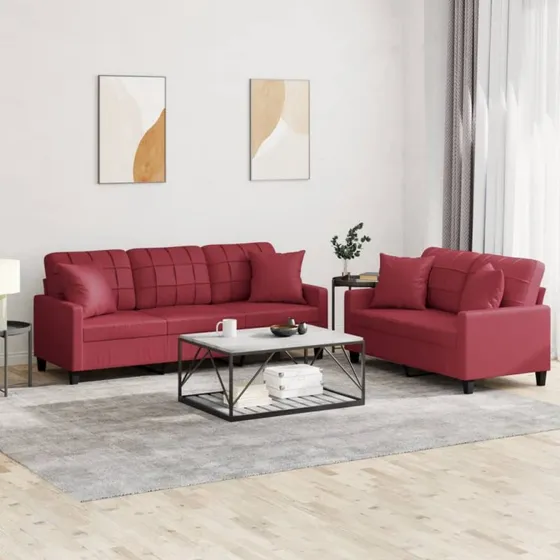 Sofasæt 2 dele i vinrødt kunstlæder med puder