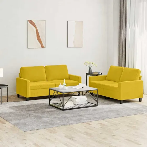 Sofasæt 2 dele i gul velour med hynder