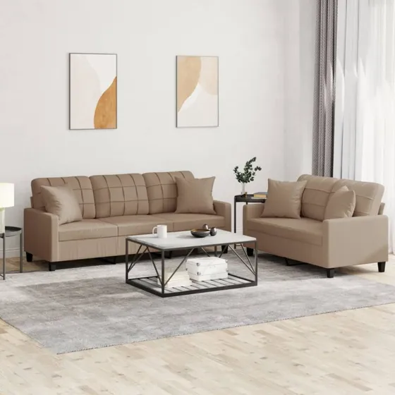 2-pers. sofasæt 2 dele i cappuccino kunstlæder med puder