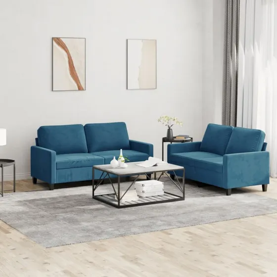 Sofasæt 2 dele i blå velour med hynder