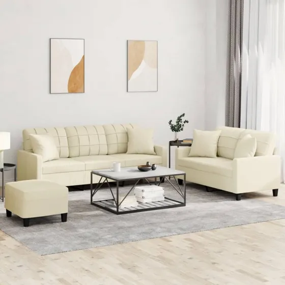 3-dele sofasæt i creme kunstlæder med puder