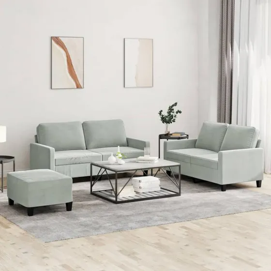 Sofasæt 3 dele i lysegrå velour med hynder