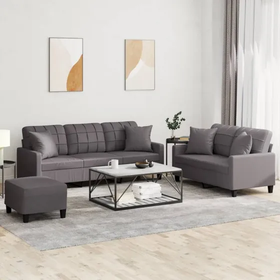 Sofasæt 3 dele i gråt kunstlæder med puder