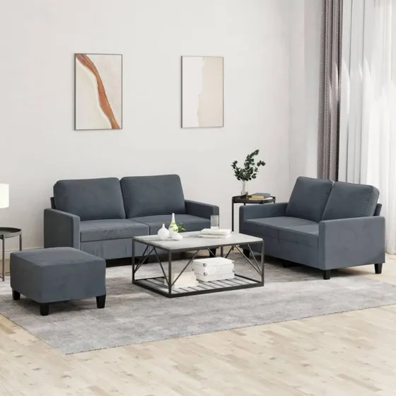 Sofasæt 3 dele i mørkegrå velour med hynder