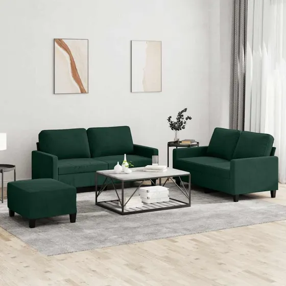 Sofasæt 3 dele i mørkegrøn velour med hynder