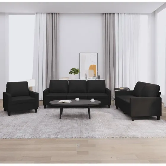 Sofasæt 3 dele i sort kunstlæder med hynder