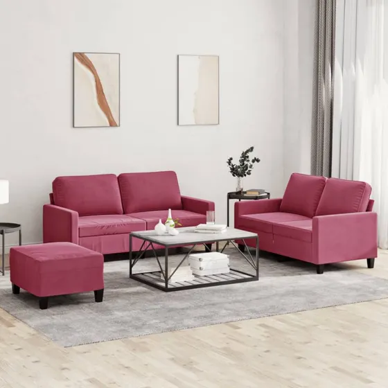 Sofasæt 2 dele i vinrød velour med hynder