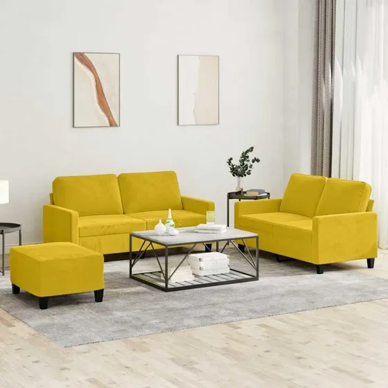 Sofasæt 3 dele i gul velour med hynder