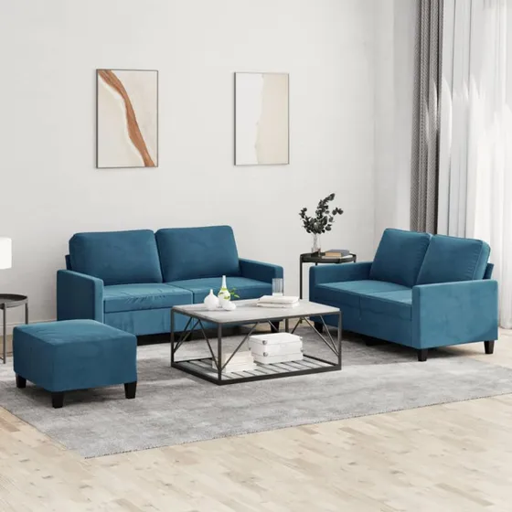 Sofasæt 3 dele i blå velour med hynder