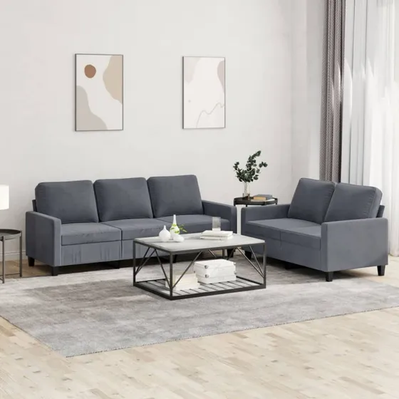 Sofasæt 2 dele i mørkegrå velour med hynder