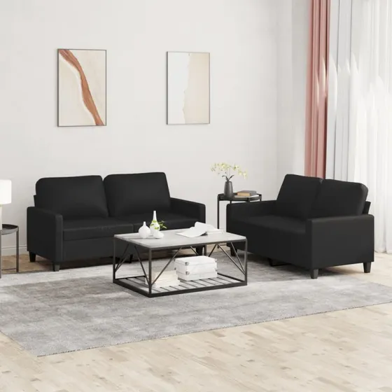 Sofasæt 2 dele i sort kunstlæder med hynder