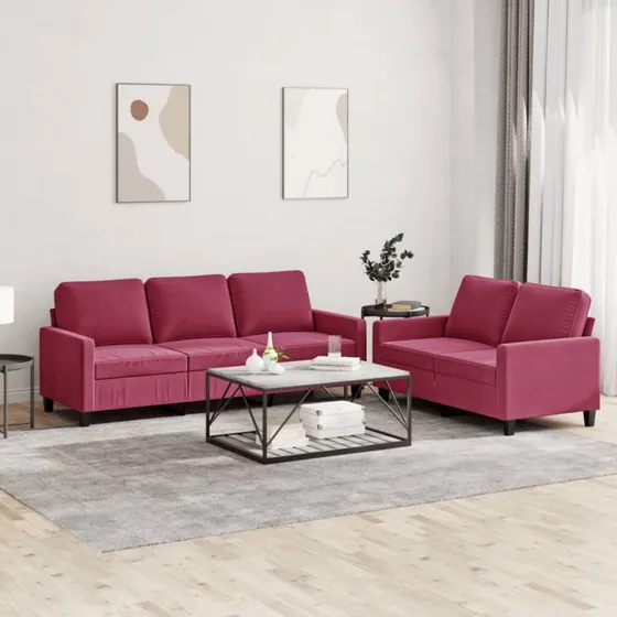 Velour sofasæt 2 dele med hynder – vinrød