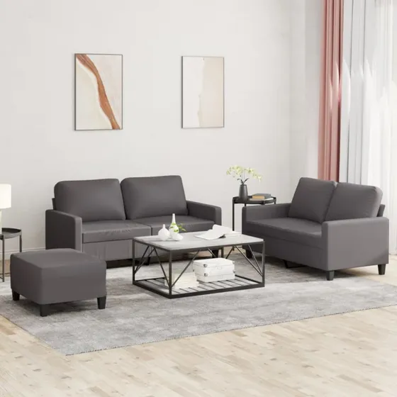 Sofasæt 3 dele i gråt kunstlæder med hynder