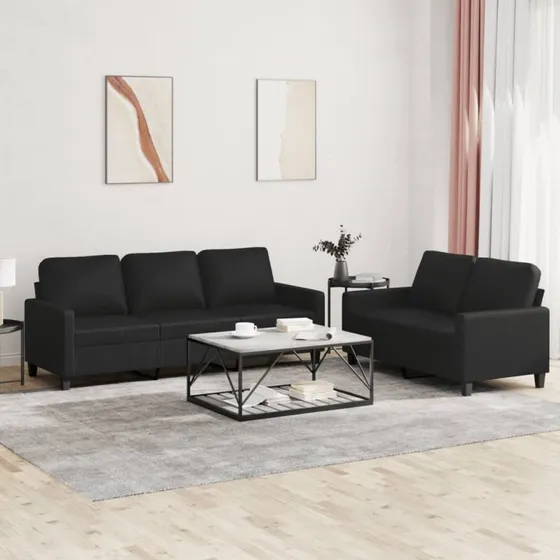 Sofasæt 2-dele i sort kunstlæder med hynder