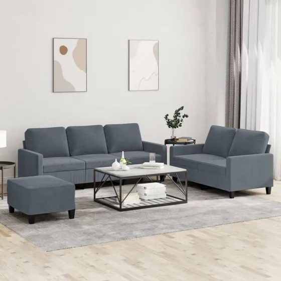 Sofasæt 3 dele i mørkegrå velour med hynder