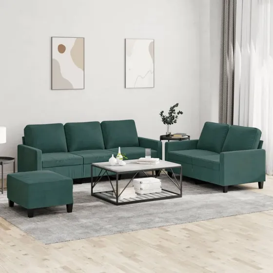 Velour sofasæt 3 dele med hynder – mørkegrøn