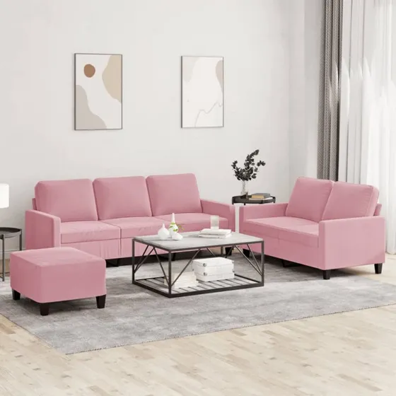 Sofasæt 3-dele i lyserød velour med hynder