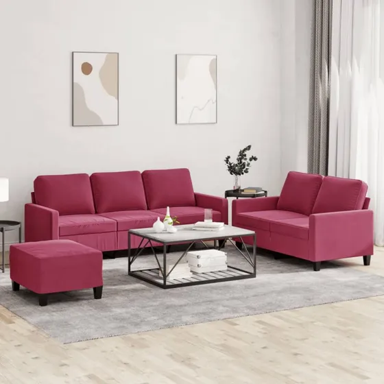 Sofasæt 2 dele i velour vinrød med hynder