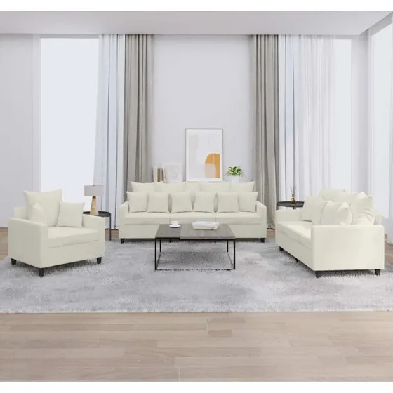 Velour sofasæt 3 dele med hynder, creme