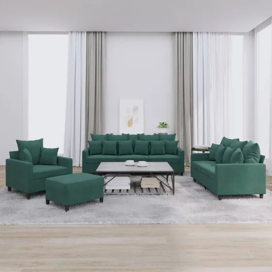 Sofasæt 4 dele med hynder i mørkegrøn velour