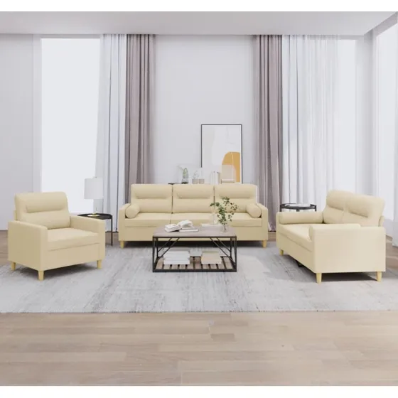 Sofasæt 3-dele i creme stof med puder
