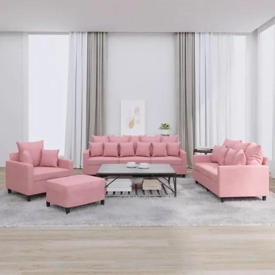 Sofasæt 4 dele i lyserød velour med hynder