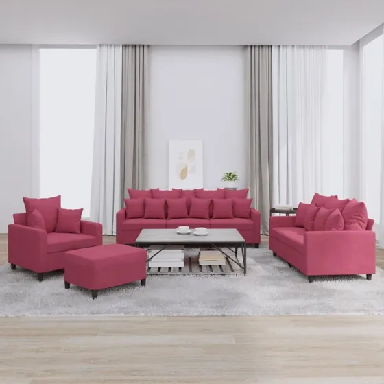 Sofasæt 4 dele i vinrød velour med hynder