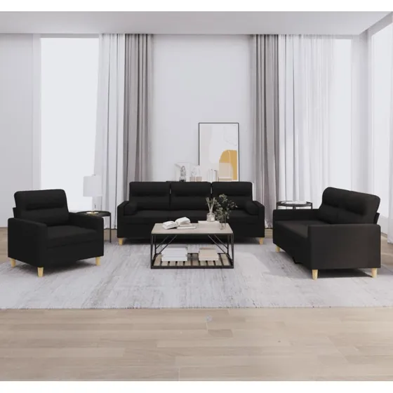Sofasæt 3 dele i sort stof med puder