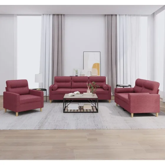 Sofasæt 3 dele i vinrødt stof med puder