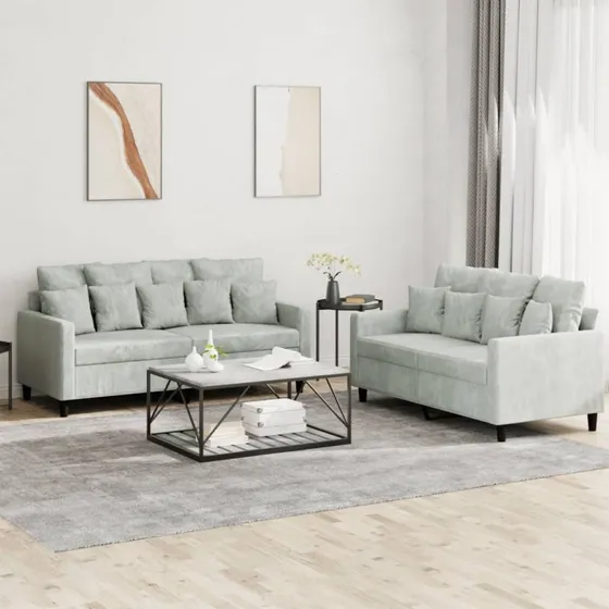 Velour sofasæt 2 dele med hynder - Lysegrå