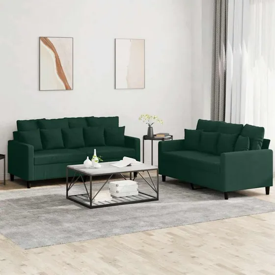 Sofasæt 2 dele i velour mørkegrøn med hynder