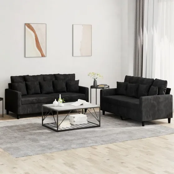 Sofasæt 2 dele i sort velour med hynder