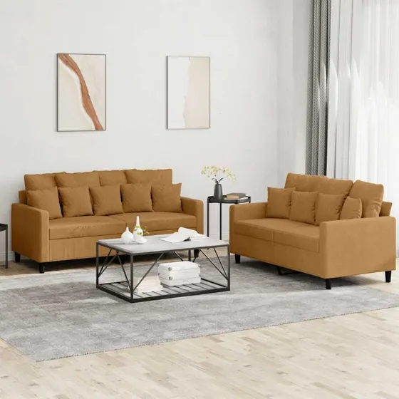 Sofasæt 2 dele i brun velour med hynder