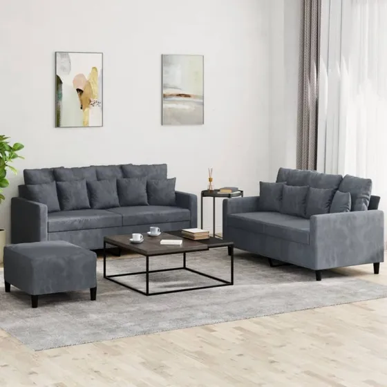 3-personers sofasæt i mørkegrå velour med hynder